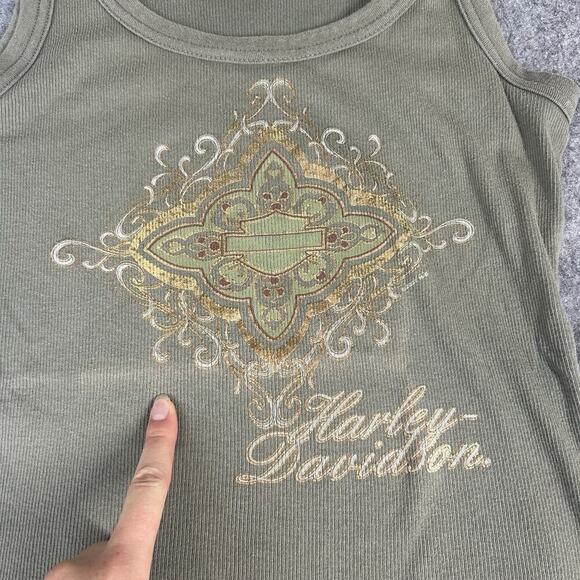 Harley Davidson Tank Top Womens Medium Y2K Ribbed Knit Green Made In USA Stretch - Picture 2 of 9